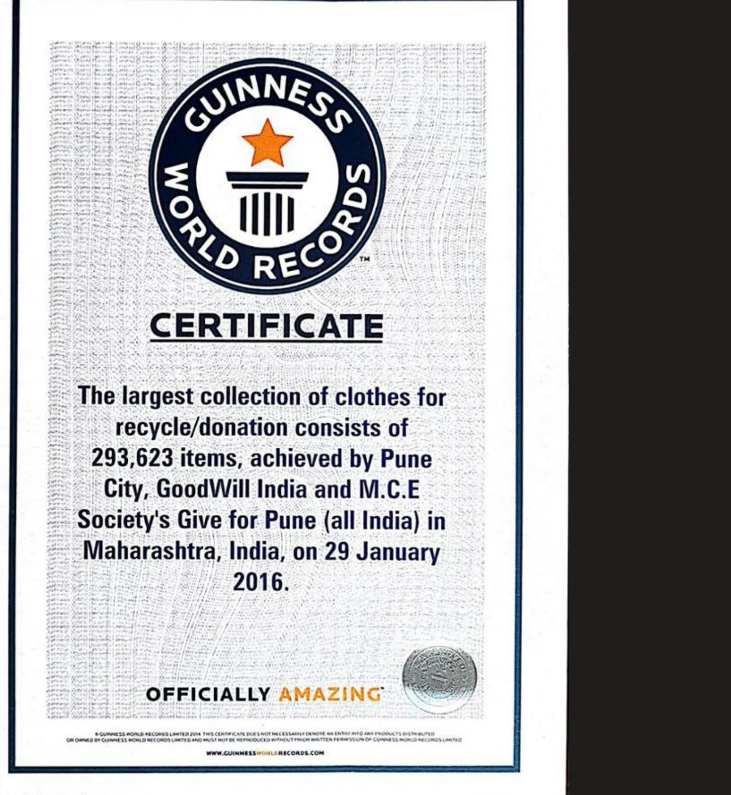 Guinness World Record certificate